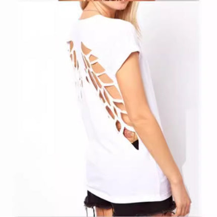 Amazon Back Burning Flower Laser Carving Hollow Angel Wings Black Round Neck Short Sleeve Women's T-shirt for Foreign Trade