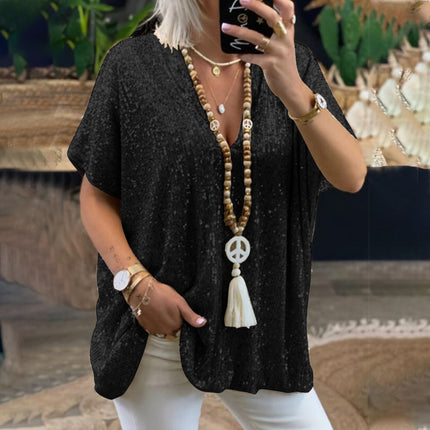 2025 New European and American Amazon Short-Sleeved Urban Casual Color Loose Pullover Sequined V Neck T-Shirt Tops for Women