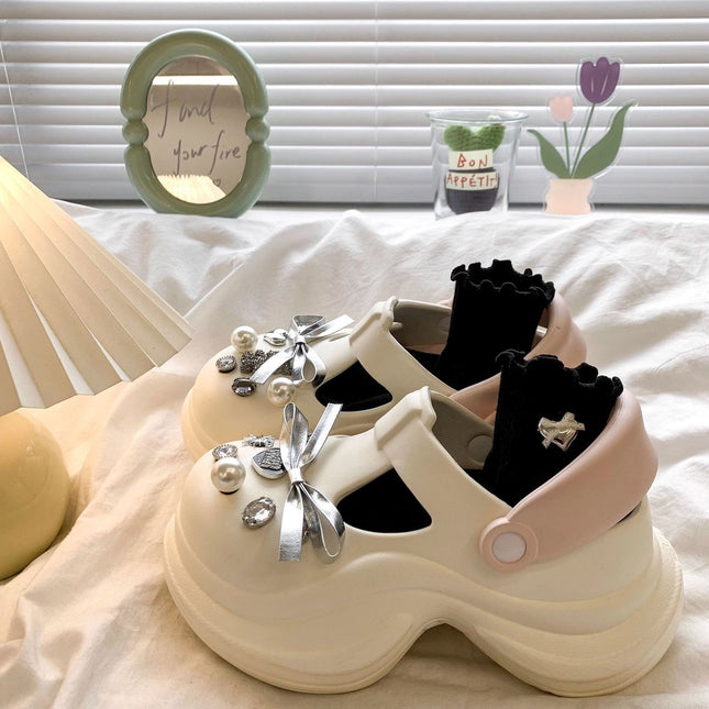 Explosions Super Soft Princess Wind Cave Shoes Retro Cyber Celebrant Go Out Rhinestone Bear Height Increase Cartoon Quick-Dry Office Shoes