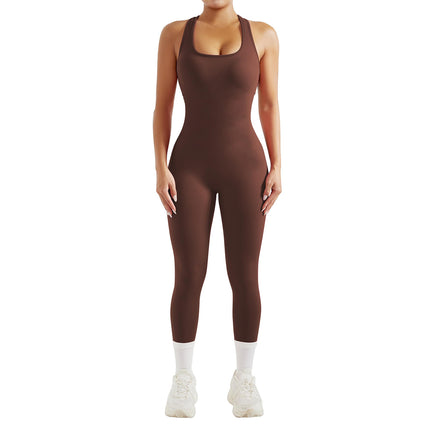 2024 new solid color sleeveless U-neck back hollow yoga tight jumpsuit sports jumpsuit