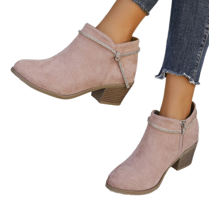 Rhinestone Strap Short Boots Autumn and Winter Fashion Casual Women's Ankle Boots Side Zipper Solid Color Round Toe Chunky Heel Women's Boots