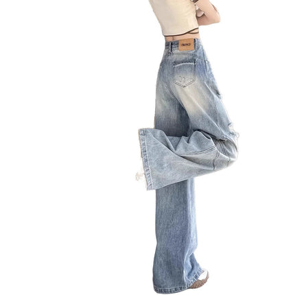 American Retro Ripped Jeans for Women, Summer Style, Loose Wide-Leg Pants, High-Waisted Floor-Length Pants, Washed Design Pants