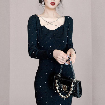Cross-border 2022 Fashion New Style Celebrity Elegant Square Collar Diamond Ornaments Chain Slim-fit Slimming Nail Drill Long-sleeved Dress for Women