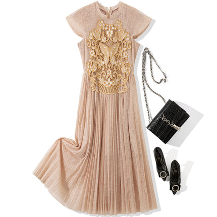 L6961 2025 summer women's new round neck applique decorative mesh pleated short sleeve dress