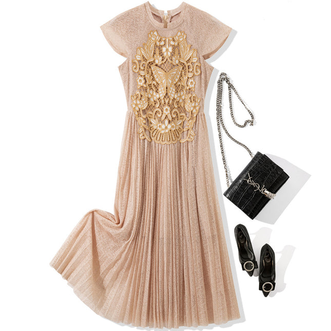 L6961 2025 summer women's new round neck applique decorative mesh pleated short sleeve dress