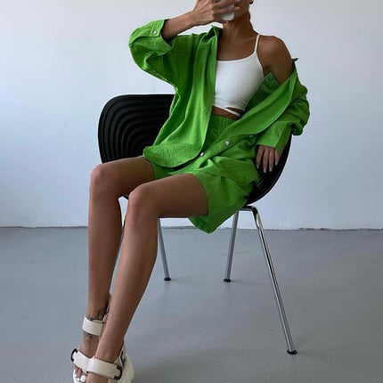 2024 spring European and American new solid color single-breasted long sleeve shirt loose fashion casual shorts suit in stock
