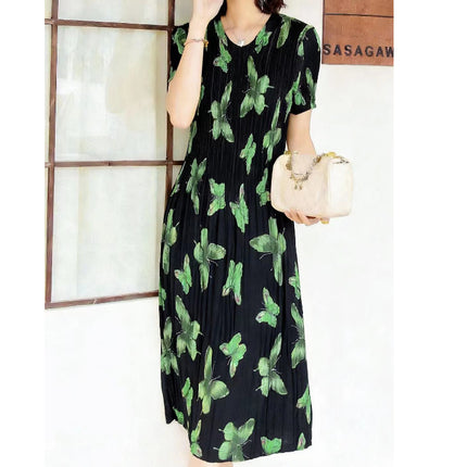 Miyake pleated 2025 summer new temperament round neck printed pleated skirt fashion waist thin magic dress
