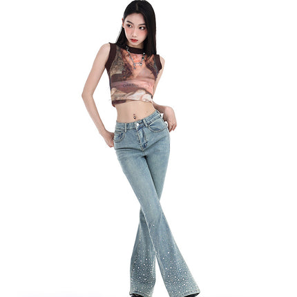 Trendy Heavy-Duty Rhinestone Fashion Flared Jeans for Women, 2026 Spring New Slim-Fit Floor-Length Bell-Bottom Pants