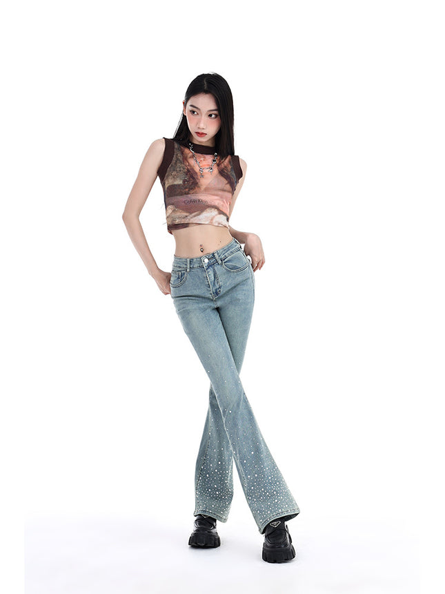 Trendy Heavy-Duty Rhinestone Fashion Flared Jeans for Women, 2026 Spring New Slim-Fit Floor-Length Bell-Bottom Pants