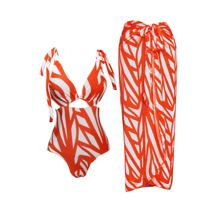 2024 New French lace-up swimsuit women's hot spring beach vacation one-piece bikini sexy printed suit swimsuit