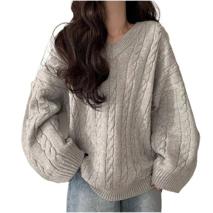 In-Stock Korean Chic Loose Lazy Autumn and Winter Sweater for Women with Cable Knit Design, Simple Thick Knit Top