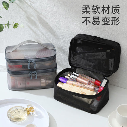 New Large-Capacity Cosmetic Bag for Women, Black Transparent Mesh Cosmetics and Toiletries Storage Bag with Transparent Design