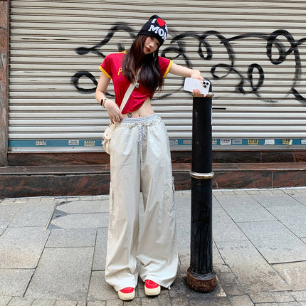 Korean Style Casual Style 2025 Spring and Summer New Plaid Stitching Double Waist Drawstring Pocket Loose Wide Leg Casual Pants for Women