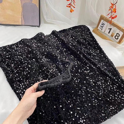 plus size French Style Retro Pearlescent Glittering Sequin Skirt Women's Spring and Autumn Draping Hip A- Line Long Skirt chubby girl Skirt