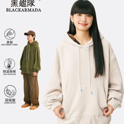 Black Fleet American Casual Style Unisex Versatile Hooded Warm Top Couple Style Hiking Fleece Solid Color Sweatshirt