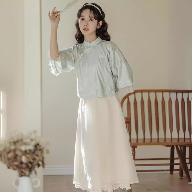 Women's Republic of China Style Student Suit Hanfu Tang Suit Improved Cheongsam suit Girlfriend Artistic Fresh Top Two-piece suit