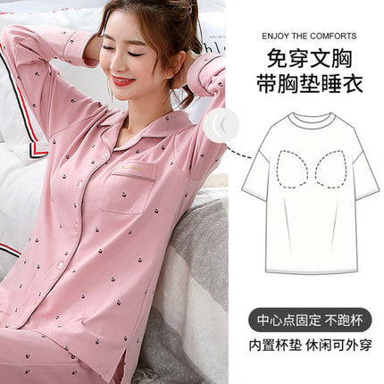 Women's pajamas with chest pad Spring and Autumn long-sleeved cotton wear-free bra anti-bump outerwear homewear suit wholesale