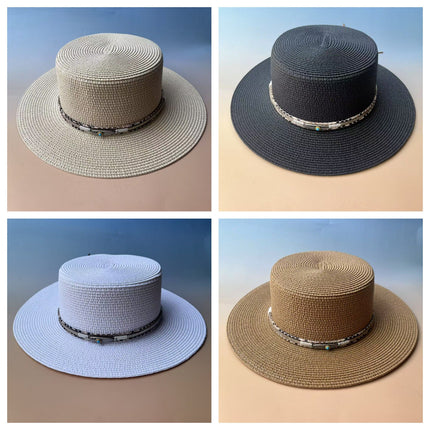 Bohemian Cowboy Style Flat-Top Straw Hat for Women's Summer Travel and Vacation Sun Protection Hat for Shopping and Versatile Flat-Brimmed Hat