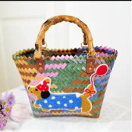 Woven Bag, Dachshund Vegetable Basket, Retro Rattan Handbag, Bamboo Straw Bag, Handmade Bamboo Bag, Beach Bag