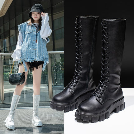 2025 Autumn New British Style Platform Thick-Soled Versatile Niche Long Boots Popular Lace-Up Slim Fashion Boots