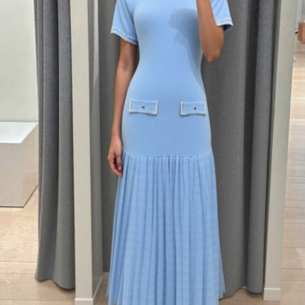 European and American Women's Fashion Summer New Elegant Long Dress French Style Socialite Heavy-Duty Pearl Embellished Mid-Length Short-Sleeve Knit Dress