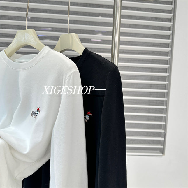 Korean Style Fun Cartoon Dog Embroidered White Base Shirt Women's Loose All-match Sanding Crew Neck Long Sleeve T-shirt Autumn and Winter