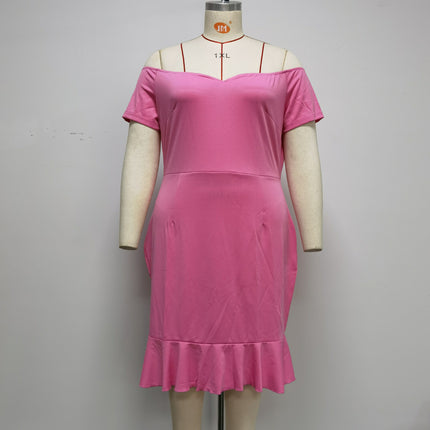 European and American plus size Women's Short-sleeved Open-shoulder V-neck Ruffled dress Dress JX073