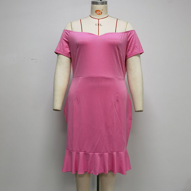 European and American plus size Women's Short-sleeved Open-shoulder V-neck Ruffled dress Dress JX073