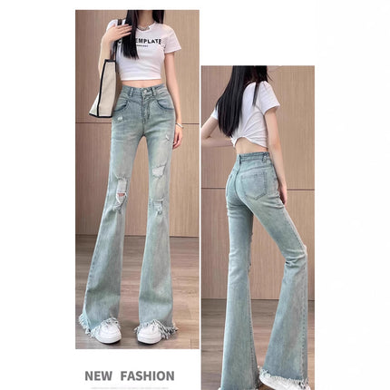 Ripped Raw Edge Bootcut Jeans for Women Summer 2025 New High-Waist Slim Design Flared Floor-Length Pants