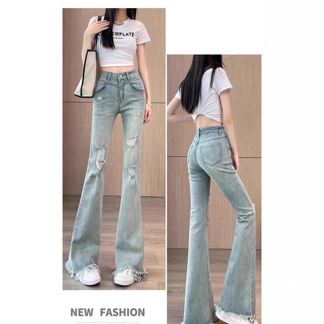 Ripped Raw Edge Bootcut Jeans for Women Summer 2025 New High-Waist Slim Design Flared Floor-Length Pants