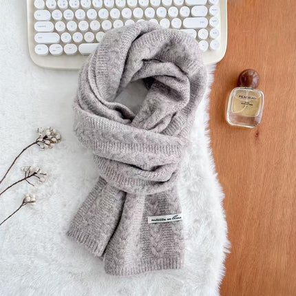 Japanese and Korean Knitted Wool Scarf for Women, Autumn and Winter Thickened Warm Solid Color Student Cable Knit Neck Warmer Bamboo Pattern Neck Protector