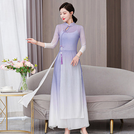 Classical dance gradient color cheongsam Chinese style dance body rhyme gauze clothing folk dance performance clothing practice clothing dress