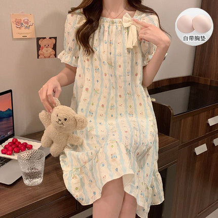 Sweet Bow Square Neck Nightgown with Breast Pad Summer New Cloud Cotton Cartoon Short-Sleeved Princess Style Women's Nightgown