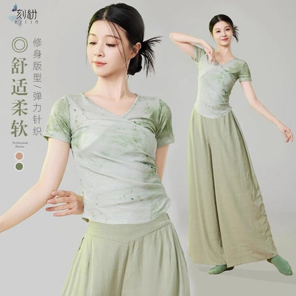 Classical Dance Printed Retro Slim Dance Clothing Tops Chinese Dance Ancient Style Body Training Clothing Short-Sleeved Gauze Clothing