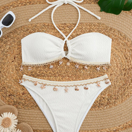 Cross-Border European and American New Bikini Shell Pendant Sexy Strap Halterneck Pure Color Swimsuit Swimsuit Women's Bikini