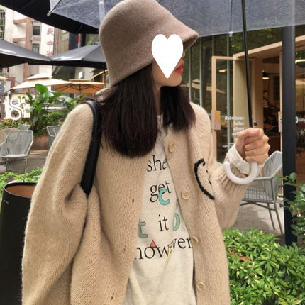 Designed Embroidered Soft and Super Loose Double-Sided Smiley Face Round Neck Sweater Cardigan Winter Korean Fashion Versatile