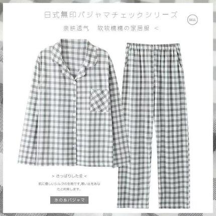 Long-Sleeved Cotton Japanese Pajamas Women's Suit Cotton Plaid Couple Long-Sleeved Home Clothes Men's Summer Thin Suit