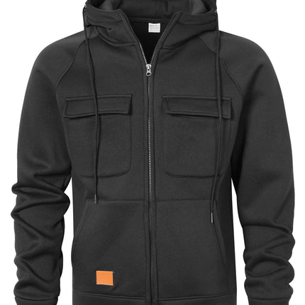 Spring, Autumn and Winter American Workwear Retro Hooded Loose Brushed Sweatshirt for Men, Youth Multi-Flap Pocket Pants Leather Cardigan Jacket