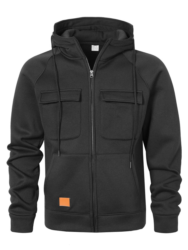 Spring, Autumn and Winter American Workwear Retro Hooded Loose Brushed Sweatshirt for Men, Youth Multi-Flap Pocket Pants Leather Cardigan Jacket