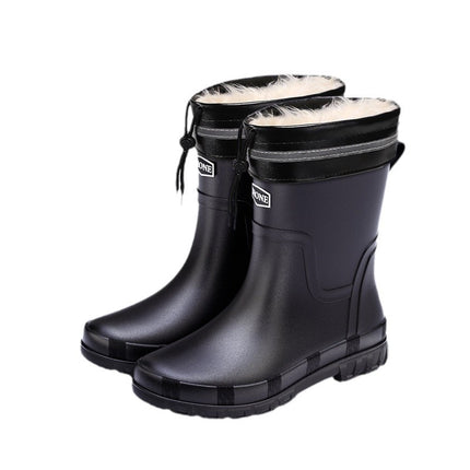 Winter Warm Men's Rubber Shoes British Waterproof Drawstring Rain Shoes Mid-barrel Outdoor Fashion Belted Rubber Shoes Non-slip Fishing Shoes