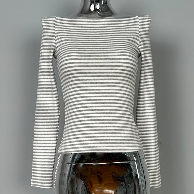 South Korea Dongdaemun New Products Recommend Good Goods Sexy Shoulder Stripe Slimming Comfortable Long Sleeve T-Shirt