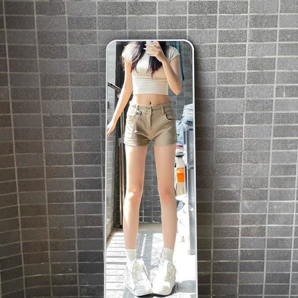 American Retro High Street Summer Hot Pants Hot Girl Design Khaki Personalized Denim Shorts for Women Slimming Students