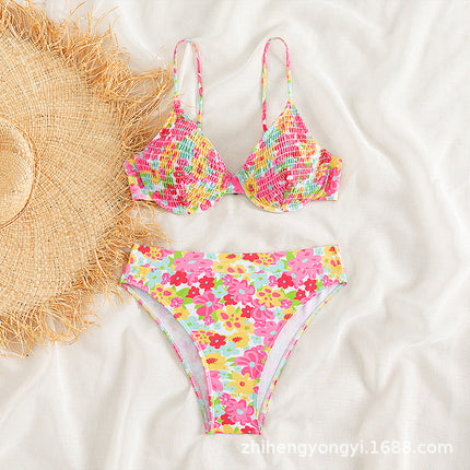 Floral Fresh Color Printed Pleated Bikini Steel Brackets Small Chest Gathering Hot Spring Seaside Holiday Swimsuit Women