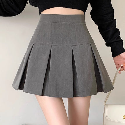 Flower Field Window High-Waisted Gray Pleated Skirt for Women in Summer Slimming Look High-Waisted American Preppy Style A-Line Short Skirt