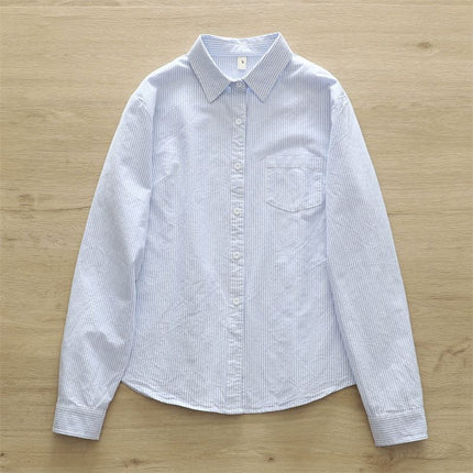 Han Fan Artistic Fresh Style Vertical Stripe Loose Cotton Oxford Textile Commuter Shirt Women's Long Sleeve Base Shirt with Inner Fashion