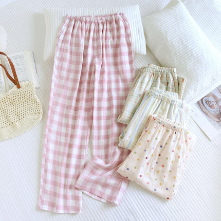 Japanese-Style Simple Cotton Gauze Pajama Pants Spring and Summer Full Cotton Printed Casual Loose Plus-Size Women's Long Home Pants