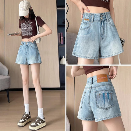 High-Waisted Wide-Leg Denim Shorts for Women, Trendy Versatile Outerwear, Tummy Control, Slimming A-Line Embroidered Hot Pants
