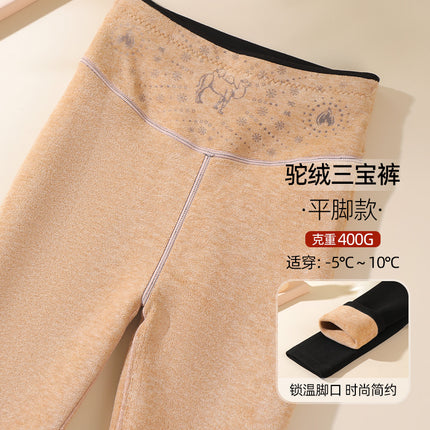 Thickened Camel Wool Leggings for Women, Fleece-Lined Cotton Pants, High-Waisted Slim Fit, Plus-Size Warm Pants for Outdoor Wear