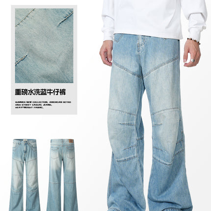 11Kn American Washed Clear Blue Bootcut Jeans for Men and Women Deconstructed Retro Straight Loose Trendy Slim Casual Pants
