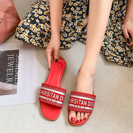 2025 Summer Outfit Women's Shoes with Flat Bottom Square Head Beach Travel Casual All-match Slippers Embroidered Letters